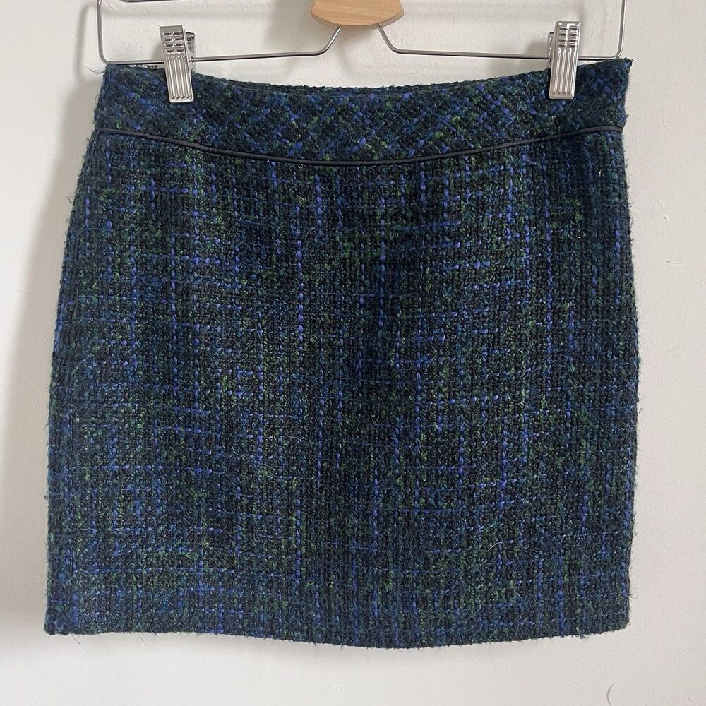 Ann Taylor Loft  Blue, Green Plaid Boucle Tweed Dark Academia Pencil Skirt - 0P